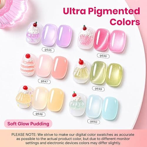 Beetles Jelly Gel Nail Polish Set, 6 Colors Pastel Pink Cat Eye Blue Purple Yellow Green Glitter Gel Polish Kit with Magnet Sticker Soak Off UV Gel Nail Art Salon DIY at Home Summer Gift for Women thumbnail 2