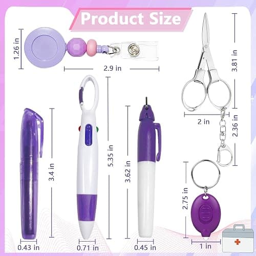 6 Pcs Nurse Badge Accessories Nurse Pen Pack Set Including Retractable Badge Reel Clip, Mini Highlighter, Permanent Marker, Ballpoint Pen, LED Keychain Flashlight, Folding Scissors for Nurse, Purple - Purple thumbnail 2