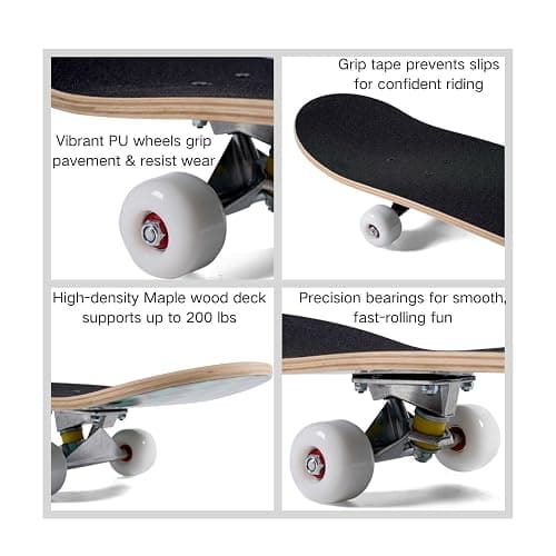 Skateboard for Beginners, Standard Complete Skateboard 31 Inch Double Kick Concave Deck with 7 Layer Maple Wood, Smooth Wheels & Bearings thumbnail 2