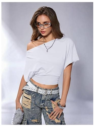 SweatyRocks Women's Off The Shoulder Crop Tops Asymmetrical Y2K Going Out Top Dolman Short Sleeve 2026 Summer Trendy Clothes thumbnail 3