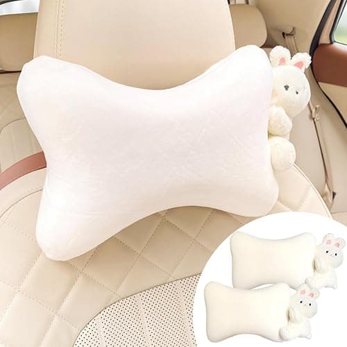 UINSUE Car Headrest Pillow 2PCS Plush Bear & Bunny Car Seat Headrest Pillow - Memory Foam Neck Support Cushions for Comfortable Driving, Easy Install & Washable (White Rabbit) - Image 1