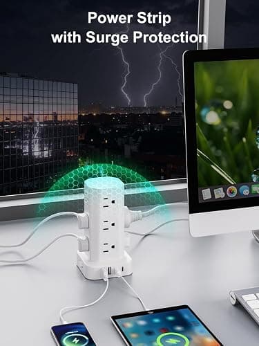 Power Strip Tower Surge Protector, 6FT Flat Plug Extension Cord with Multiple Outlets, 12 AC Outlets 4 USB (2 USB C), Desktop Charging Station with Surge Protection for Home Office Dorm Room, White thumbnail 8