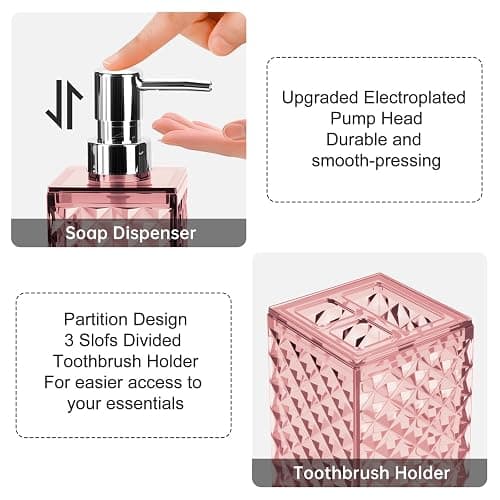 RRM Pink Bathroom Accessories Set, Soap Dispenser and Toothbrush Holder | Diamond Pattern Bathroom Set for Boho Bathroom Decor thumbnail 4