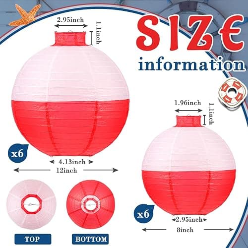 Set of 12 Fishing Bobber Round Paper Hanging Lanterns Fishing Birthday Decorations Hanging Paper Lanterns for Fishermen Theme Party Decoration Supplies, 12 Inches, 8 Inches (Red and White) thumbnail 2