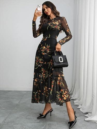 GothDark Womens Floral Mesh Dress Long Sleeve Round Neck A Line Gothic Vintage Casual Wedding Guest Maxi Dresses thumbnail 5