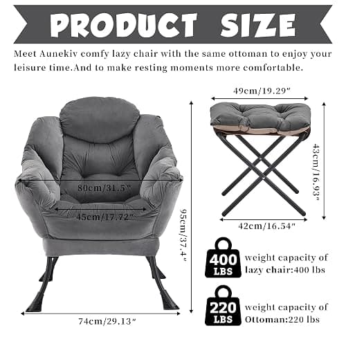 Aunekiv Lazy Chair with Ottoman, Comfy Accent Lounge Chair with Side Pocket, Modern Reading Armchair with Footrest, Upholstered Sofa Chair for Small Spaces, Bedroom, Living Room, Dorm, Darkgrey thumbnail 3