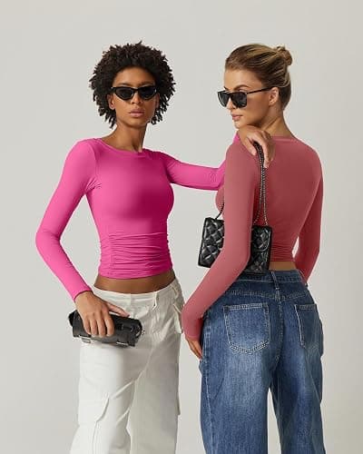 QINSEN Womens Crewneck Long Sleeve Shirt Double Lined Basic Tees Side Ruched Going Out Crop Tops thumbnail 6