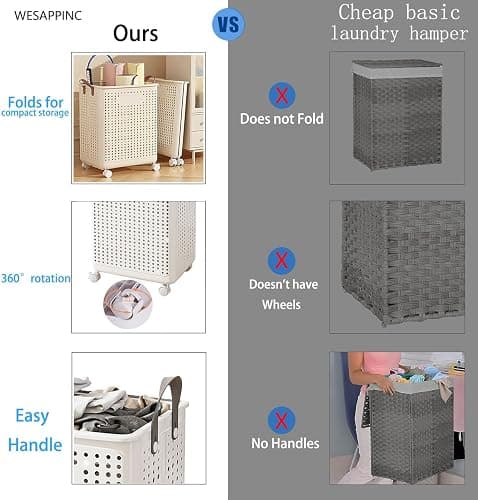 WESAPPINC Collapsible Extra Large Laundry Hamper, Plastic Laundry Basket with Wheels,Suitable for Bathroom, Bedroom, Dorm Room & Laundry Room,Basket with Handle (Cream color) thumbnail 4