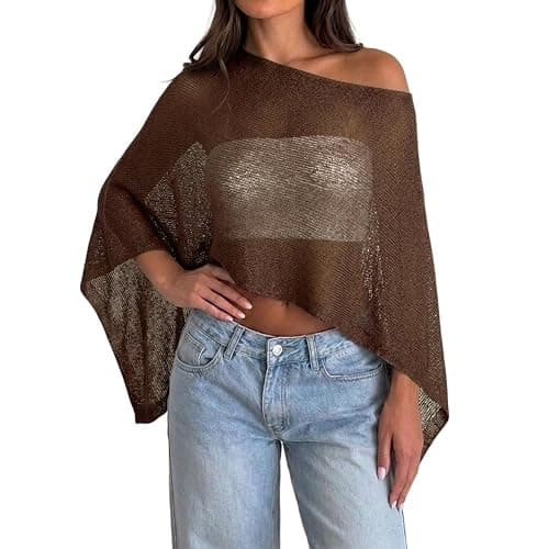 Womens Sheer Poncho Top Y2k Knitted Summer Asymmetrical Mesh Shawl Pullover Sweater Cover Up Tops - Image 1