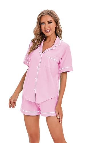 LUBOT 100% Cotton Pajamas for Women 2 Piece PJ Set Button-Down Soft Knit Short Sleeve Summer Sleepwear Loungewear XS-XXL thumbnail 2