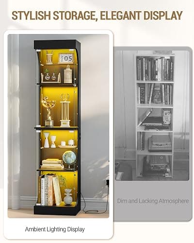 Display Cabinets with Glass Door and Colorful Lights , 4 Tiers, Black | Glass Display Intelligent Human Sensor, Display Case Bookcase for Living Room, Bedroom, for Collectibles Trophy thumbnail 6