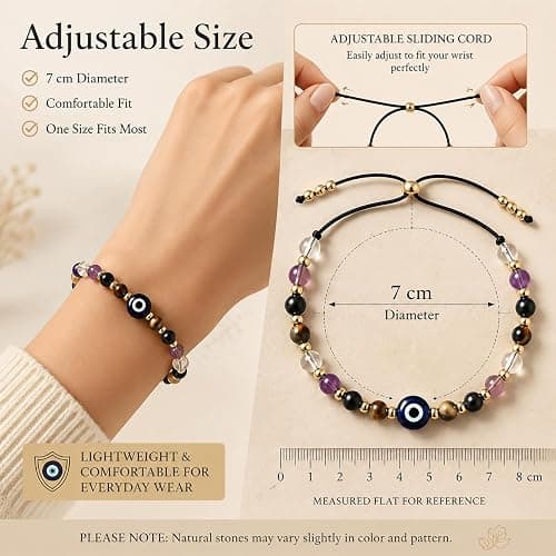 Evil Eye Bracelet, Adjustable Evil Eye Bracelet With 5 Natural Crystal Beads, Spiritual Protection Bracelet For Women And Men, Good Luck Stone Jewellery Gift With Meaning Card, Everyday Wear Meditatio thumbnail 2