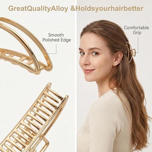 LUKACY 6 Pack Gold Metal Hair Clips - 4 Inch Large Jaw Clips for Women, Strong Hold Hair Claws for Thick or Thin Hair, Fashion Hair Accessories for Styling thumbnail 2