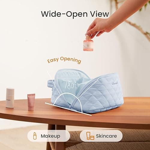LOVEVOOK Travel Makeup Bag for Women, 2Pcs Puffer Waterproof Cosmetic Organizer, Large Capacity Pouch Open Flat Small Toiletry Bag with Brush Compartment & Handle (Blue, Medium) thumbnail 2