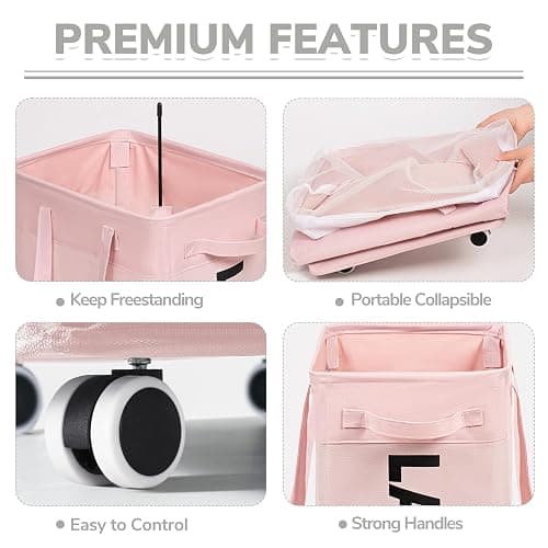CHICVITA Slim Laundry Hamper with Wheels 75L, Collapsible Rolling Laundry Basket for Living Room, Pink Laundry Hamper for College Dorm thumbnail 4