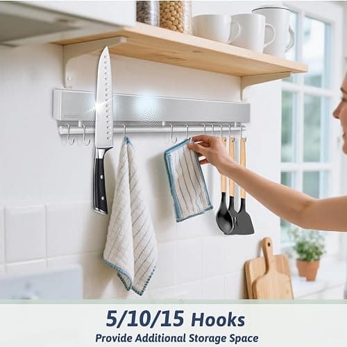 17" Magnetic Knife Holder for Wall, Stainless Steel Knife Magnetic Strip | No Drill with 10 Hooks/Adhesive Tape/Screws, Kitchen Utensil Holder, Magnetic Knife Organizer, Wall Mounted Knife Storage thumbnail 3