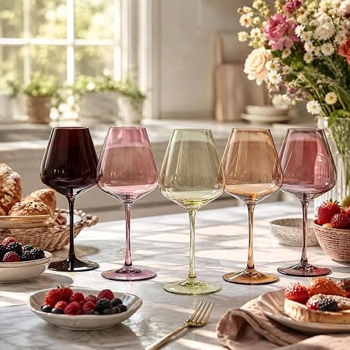 Terracotta Mars Collection Colored Crystal Wine Glass Set of 5, Gift For Him, Mom Dad Friend - 20 oz Glasses, Unique Italian Style Tall Drinkware - Red & White, Beautiful Glassware thumbnail 5