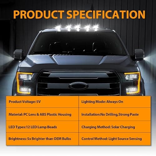 DEERMOTO 5PCS Solar Cab Lights White Wireless No Drill Car Roof Top Marker LED Warning Light Smoke Lens IP67 Waterproof Truck Roof Light Compatible with Pickups Trucks Ford Dodge Ram GMC SUV Toyota thumbnail 7
