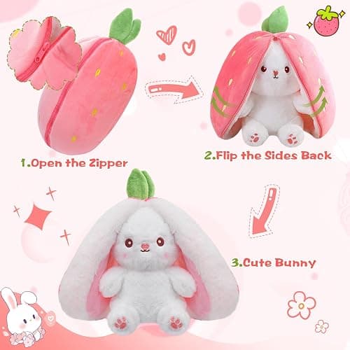 MIAODAM Bunny Stuffed Animal Reversible Cuddle Bunny Stuffed,Christmas Strawberry Bunny Transformed Rabbit Plush Zipper,Turns Into Ears Bunnies Plushies Toy Cute Stuffy Doll Easter Girlfriend Gift thumbnail 3