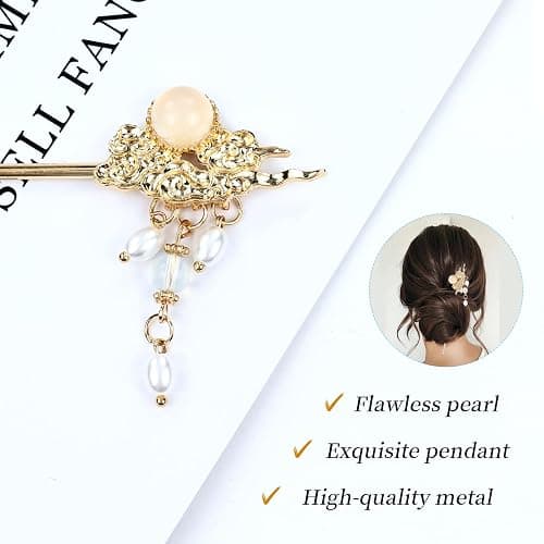 Cinaci 10 Pieces Decorative Vintage Retro Pearl Gold Metal Hair Sticks Pins with Pendants Chinese Hanfu Asian Flower Butterfly Hair Chopsticks Hair Bun Updo Holders Long Hairpins for Women Girls thumbnail 5