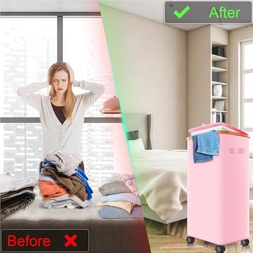 Laundry Hamper with Wheels,20 Gal (75L) Laundry Basket with lid Rolling Clothes Hamper Foldable Dirty Clothes Basket on wheels with Bamboo Frame and Bag for Bedroom, Dorm, Laundry Room-Pink thumbnail 7