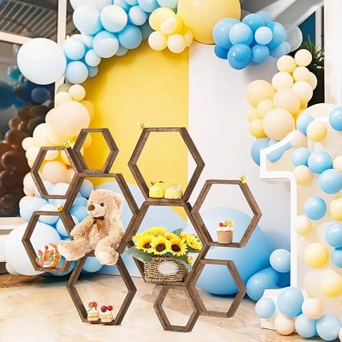 Gerrii 10 Pcs Honey Comb Decorations 5 Sizes Wood Hexagon Shelves Honeycomb Centerpiece Cupcake Stand Wooden Bee Hive Display Holder for Baby Shower Honeybee DIY Birthday Party Decor (Dark Brown) thumbnail 6
