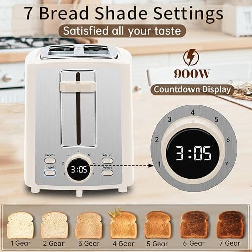 SEEDEEM Toaster 2 Slice, Bread Toaster with LCD Display, 7 Shade Settings, 1.４'' Extra Wide Slots Toaster with Cancel, Bagel, Defrost, Reheat Functions, Removable Crumb Tray, 900W, Cream White - 10.2*6.8*5.9 inch - Cream White thumbnail 2