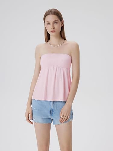 SUUKSESS Women Peplum Tube Tops with Built in Bra Summer Cute Sleeveless Strapless Babydoll Tank Top thumbnail 3