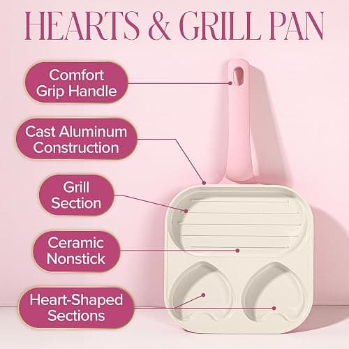 Paris Hilton Ceramic Nonstick Divided Skillet with Heart-Shaped Sections and Grill Plate, Cast Aluminum, Dishwasher Safe, 8-Inch, Pink thumbnail 3