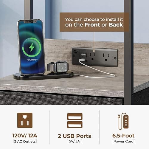 Seventable Nightstand with Charging Station and LED Light, Side Table with 3 Fabric Drawers, Bedside End Table with USB Ports and Outlets, Night Stand for Bedroom, Greige thumbnail 7