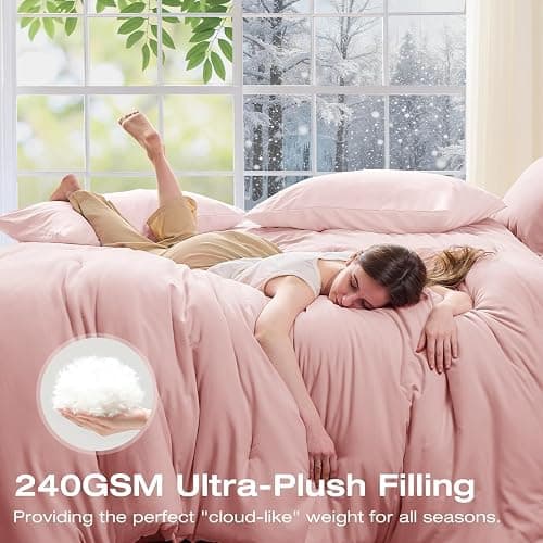 Sasttie Queen Comforter Set 7-Piece Pink, Pre-Washed Bed in a Bag | Soft & Breathable, All-Season Bedding Set with Comforter, Sheets, Pillowcases & Pillow Shams, OEKO-TEX, Down Alternative thumbnail 4