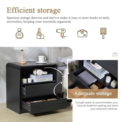 HtThalamic Modern Nightstands with Charging Station, Black Night Stand with 2 Drawers, Wood End Table with Storage, 23.6'' Wide Bedside Cabinet for Bedroom thumbnail 4