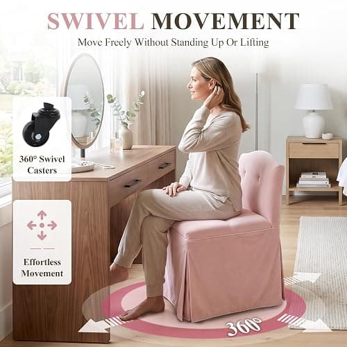 DM Furniture Pink Velvet Makeup Vanity Chair with Back & Wheels | Upholstered Skirted Vanity Stool, Metal Legs, Armless, Swivel Slipper Accent Chair, Rolling Desk Chair, Living Room, Bedroom thumbnail 4