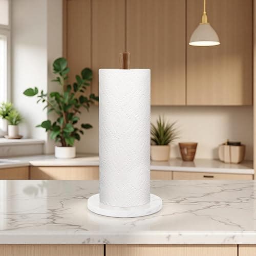 Buruis Wood Paper Towel Holder, Marble Base Modern Decorative Countertop Standing Rolls Holder for Kitchen, Toilet, Pantry and Bathroom (Marble Base White) thumbnail 2