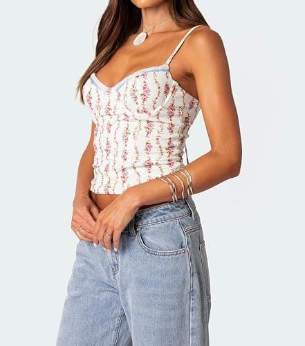 Women Teens Cute Babydoll Tops Y2k Floral Lace Trim Camisole Ruffle Tank Top Summer Flowy Peplum Top Streetwear thumbnail 2