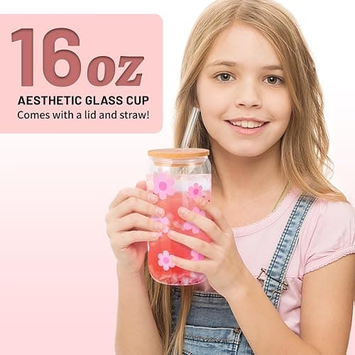 ONIYEA Birthday Gift for Teen Girls, 7 Cute Gifts with Tasks, Happy Birthday Gift Ideas,Trendy Preppy Stuff for Teen Girls, Christmas, Cute Daisy Aesthetic Glass Cups Tumbler Gifts Set 7pcs (Pink) thumbnail 3
