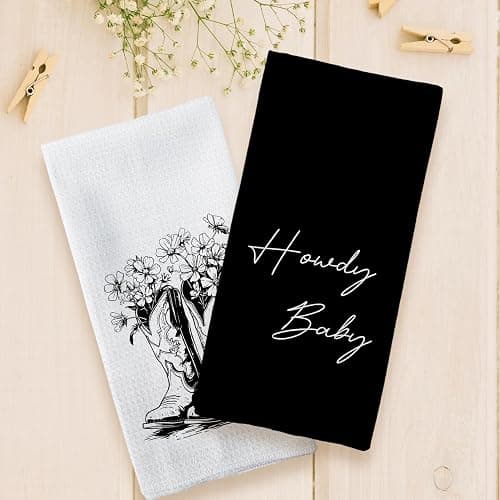 Tzhim Western Kitchen Towels, Preppy Cowboy Hand Towels, Black Cowgirls Boots Floral Rodeo Dishcloths Tea Towels for Kitchen, Vintage Retro Howdy Baby KitchenBathroom Decor Set of 2, 16x24in thumbnail 6