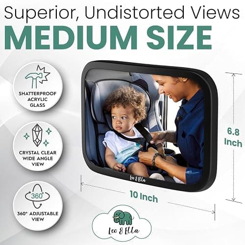 Leo and Ella - Baby Car Mirror - 10" Large Mirror w/Ultra Clear Infant View - Crash Tested Shatterproof Design w/ 360° Adjustable Mount, Premium Car Seat Mirror for Baby Rear Facing thumbnail 4