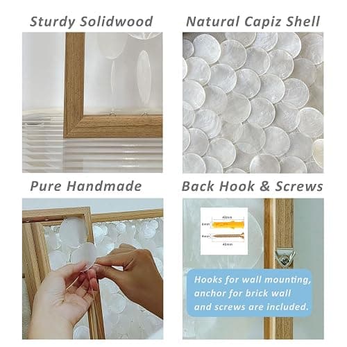 Bergamot 3D Handmade 24"x24" Capiz Shell Wall Hanging Decor, Solid Wooden Framed Coastal Wall Decor, Minimalist White Sea Shell Art for Living Room, Bedroom, Office thumbnail 6