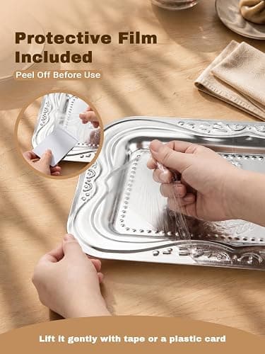 4-Pack Silver Serving Trays Set - ZENOVLUX Lightweight Bow Floral Engraved Mirror Decorative Tray, 13.8" x 8.7" Wedding Party Platters for BBQ, Food, Appetizer, Charcuterie, Cookies, Desserts thumbnail 5