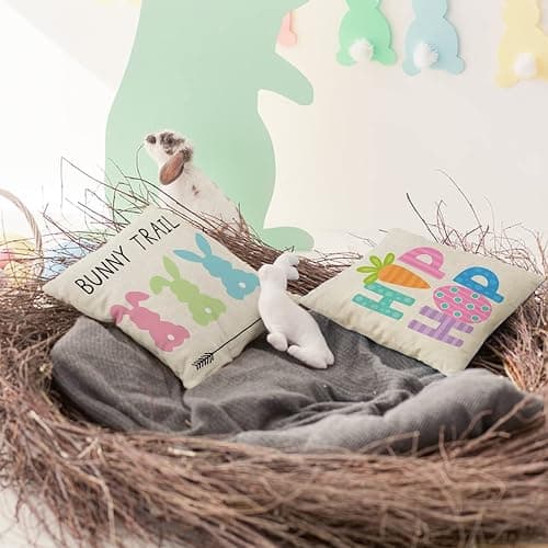 Easter Pillow Covers 18x18 Inch Set of 4PCS Easter Decorations Bunny Truck Hello Peeps Hip Hop Spring Farmhouse Throw Pillows Cover for Home Decor Easter Decorative thumbnail 5