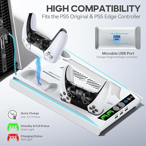 Rysker PS5/Slim/Pro Cooling Station with Quiet Cooling Fan and Fast Controller Charger for Disc & Digital Console, PS5 Accessories Incl. 3 USB Ports, Screw and Headset thumbnail 3