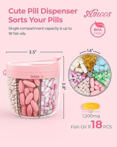 AMOOS Cute Pill Dispenser with 7 Compartments, Anti-Mix Pill Bottle Organizer, Portable Pill Organizer for Travel, Wide Mouth for Easy Access, BPA-Free Patented Pill Container, Travel Essentials, Pink thumbnail 2