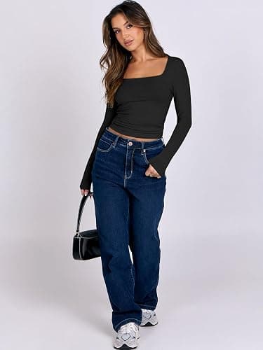 ANRABESS Women Double Lined Long Sleeve Crop Tops Shirts Square Neck Tight Fitted Going Out T-Shirt Basic Tee Outfits 2025 thumbnail 5