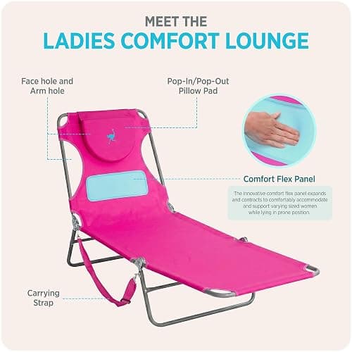 Ostrich the Ladies Comfort Lounger with Chest Support, Foldable and Portable Reclining Outdoor Patio Beach Lawn Camping Pool Tanning Chair, Pink thumbnail 10