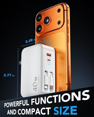 Retractable USB C Charger Wall Plug with 35.5in/90cm Type C Cables Cords,40W Fast Charging Foldable Block Multi Charger for All Devices for iPhone 17/16/15/14/13/12,iPad,Galaxy,Pixel thumbnail 5