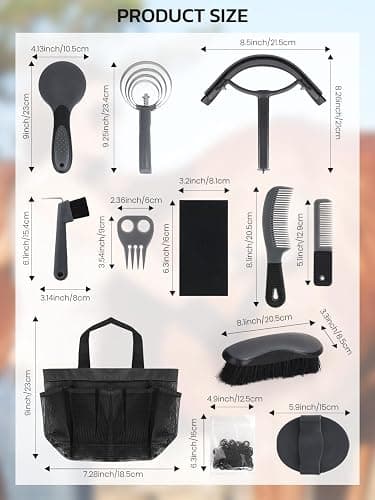 inoreal Horse Grooming Kit 12 Pcs – Complete Horse Brushes & Care Supplies Set with Organizer Tote Bag, Equine Coat Grooming Tools, Tack Room Equipment & Gifts for Horse Owners & Lovers thumbnail 3