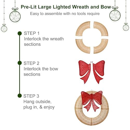 Lighted Christmas Wreaths, 48’’ Handmade Classic Christmas Wreaths with 50 Red and 120 Warm White LED Lights for The Outdoor Christmas Decoration-Golden - Golden thumbnail 6