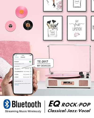 Vinyl Record Player Vintage Wireless Bluetooth Record Player with Stereo Speakers, USB/TF Card Recording, LP Player with 3 Speed Belt Drive Turntable Support RCA Line-Out AUX Input EQ,White& Rose Gold thumbnail 2