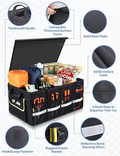 Oasser 55L Car Trunk Organizer, 3 Compartments Collapsible Waterproof Car Organizer Storage with Foldable Cover, Reflective Strip, Non-Slip Bottom, 4 Mesh Pockets for SUV/Truck/Sedan/Camping/Road Trip thumbnail 4
